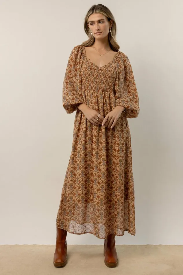 Averie Floral Midi Dress In Camel Camel Women Bohme Dresses