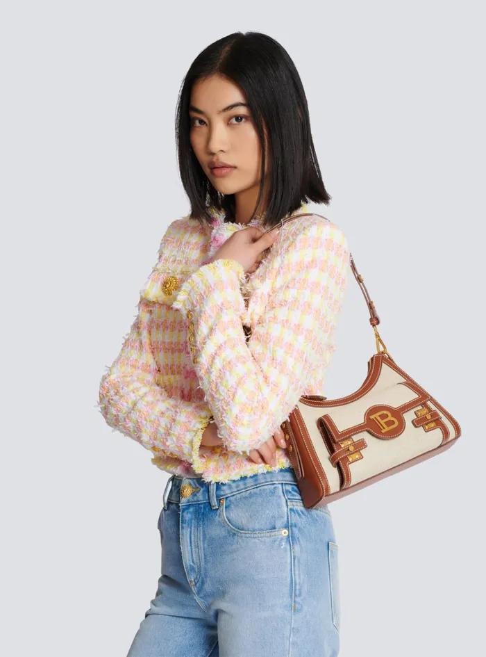 BBuzz Hobo Bag In Leather And Canvas Beige Women Balmain Crossbody Bags