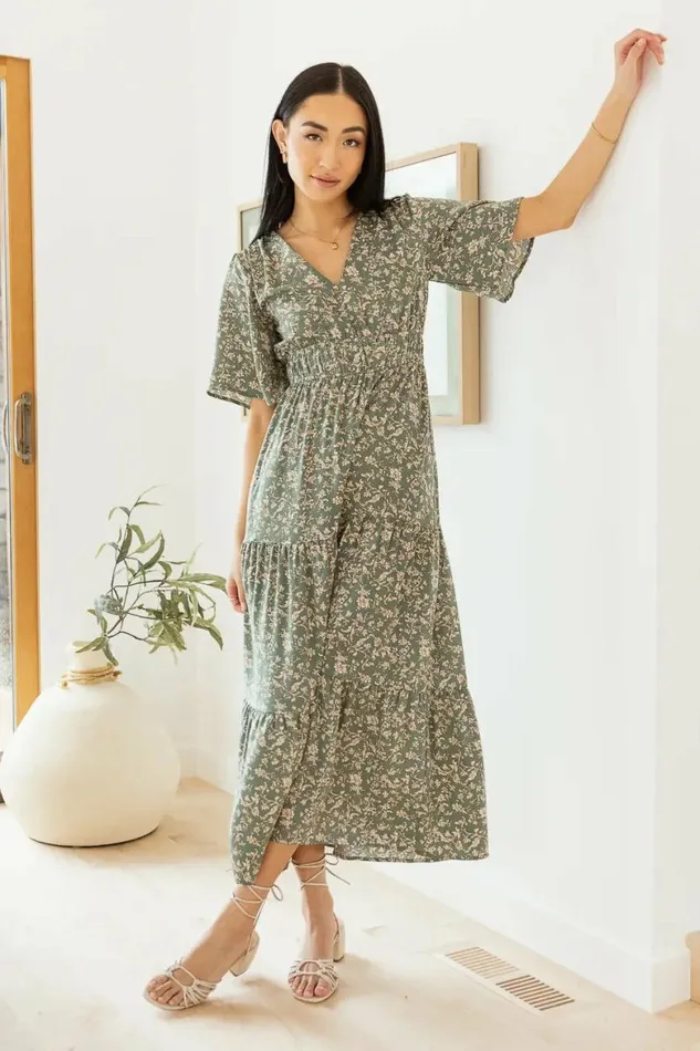 Belladona Floral Midi Dress Sage Women Bohme Dresses