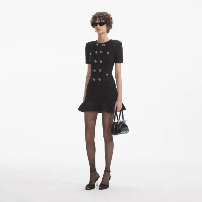 Black Knit Buttoned Mini Dress Women Self Portrait Dresses