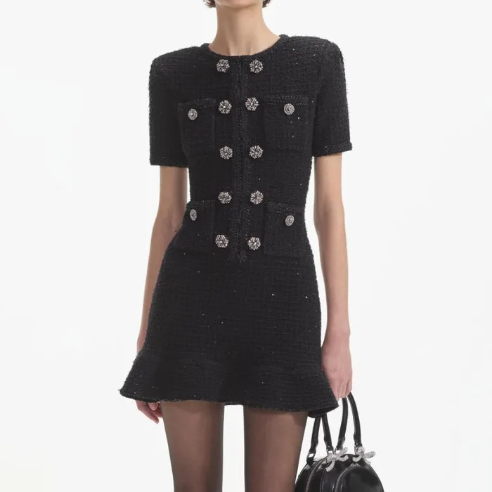 Black Knit Buttoned Mini Dress Women Self Portrait Dresses