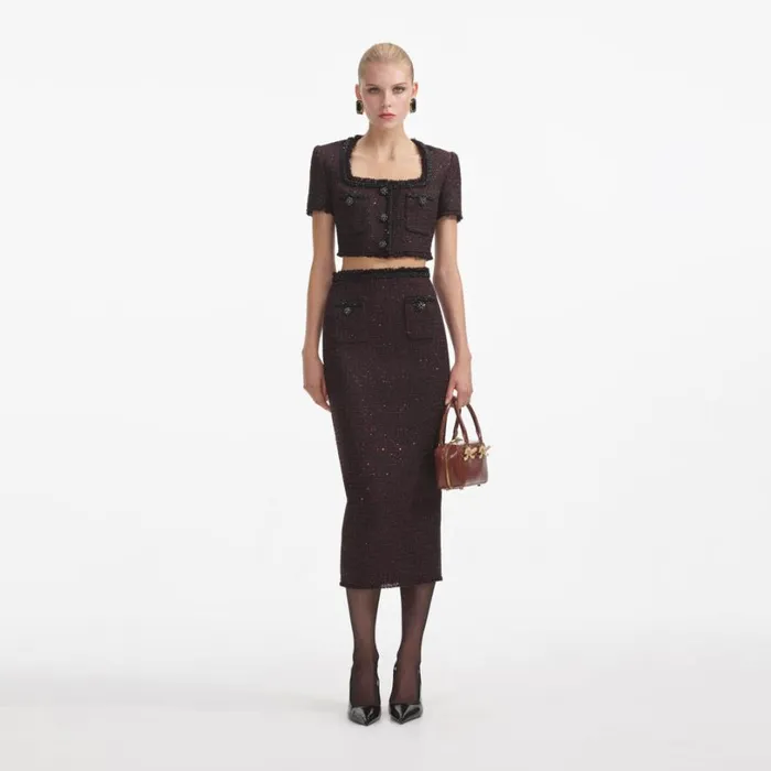 Black Metallic Boucle Midi Skirt Women Self Portrait Bottoms