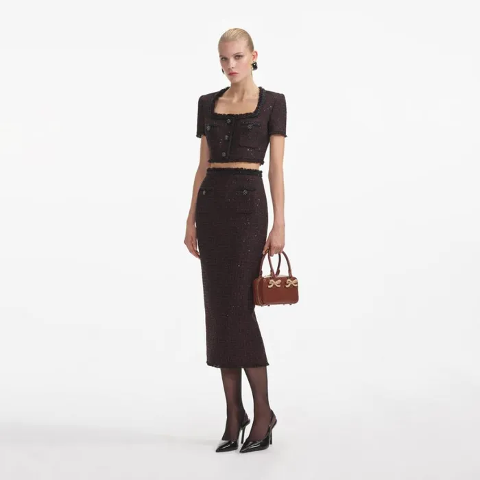 Black Metallic Boucle Midi Skirt Women Self Portrait Bottoms Black Metallic Boucle Midi Skirt Women Self Portrait Bottoms