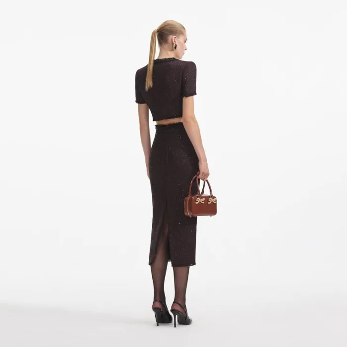 Black Metallic Boucle Midi Skirt Women Self Portrait Bottoms Black Metallic Boucle Midi Skirt Women Self Portrait Bottoms