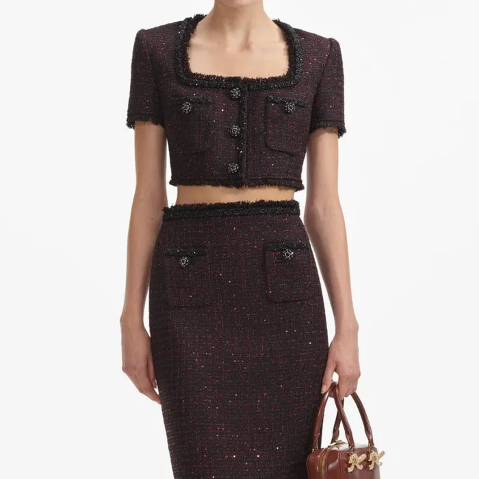Black Metallic Boucle Midi Skirt Women Self Portrait Bottoms Black Metallic Boucle Midi Skirt Women Self Portrait Bottoms