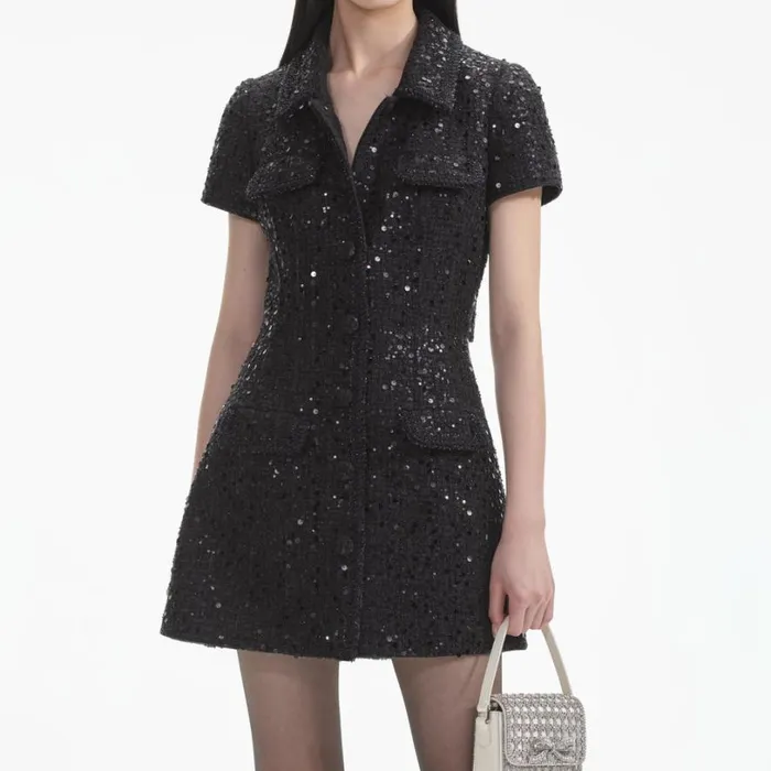 Black Sequin Boucle Mini Dress Women Self Portrait Dresses Black Sequin Boucle Mini Dress Women Self Portrait Dresses