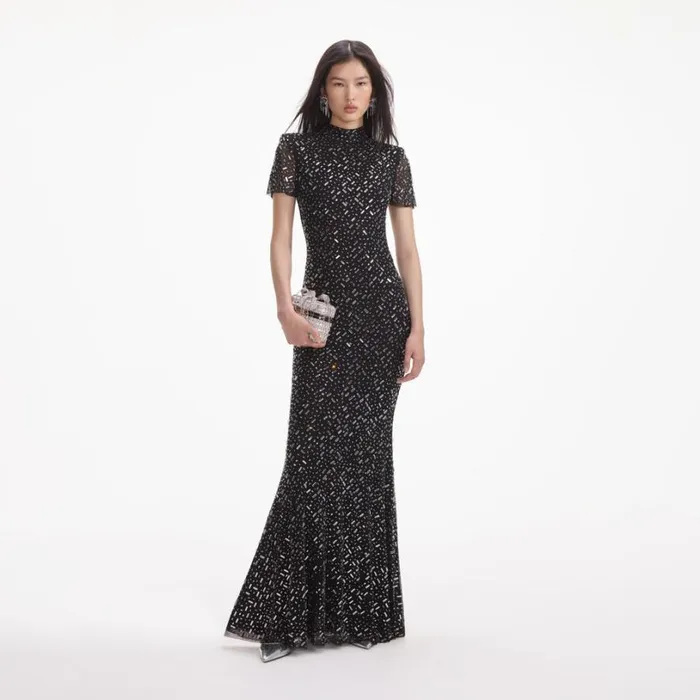 Black Square Rhinestone Mesh Maxi Dress Women Self Portrait Dresses