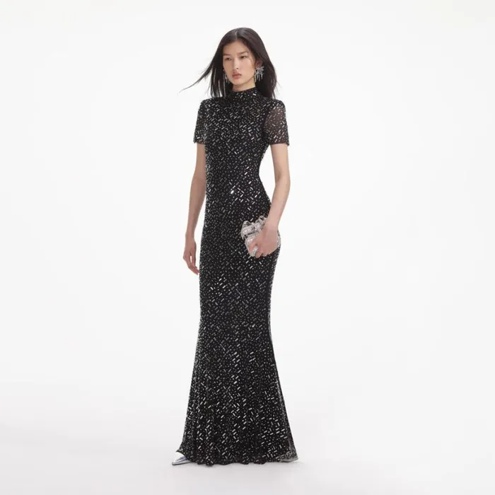 Black Square Rhinestone Mesh Maxi Dress Women Self Portrait Dresses