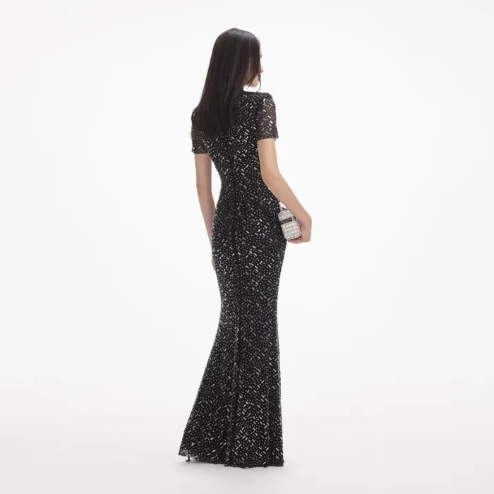 Black Square Rhinestone Mesh Maxi Dress Women Self Portrait Dresses