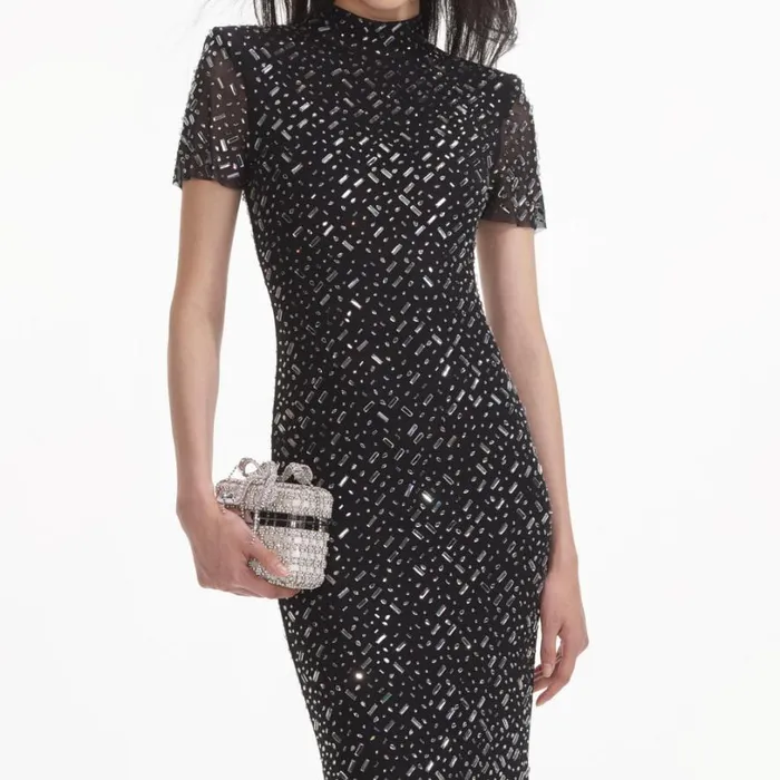 Black Square Rhinestone Mesh Maxi Dress Women Self Portrait Dresses