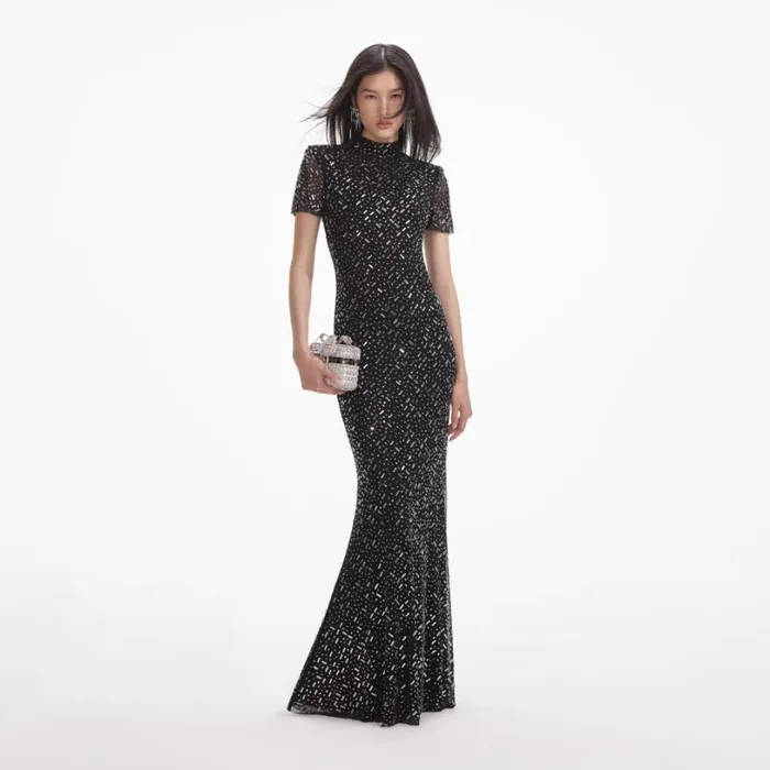 Black Square Rhinestone Mesh Maxi Dress Women Self Portrait Dresses