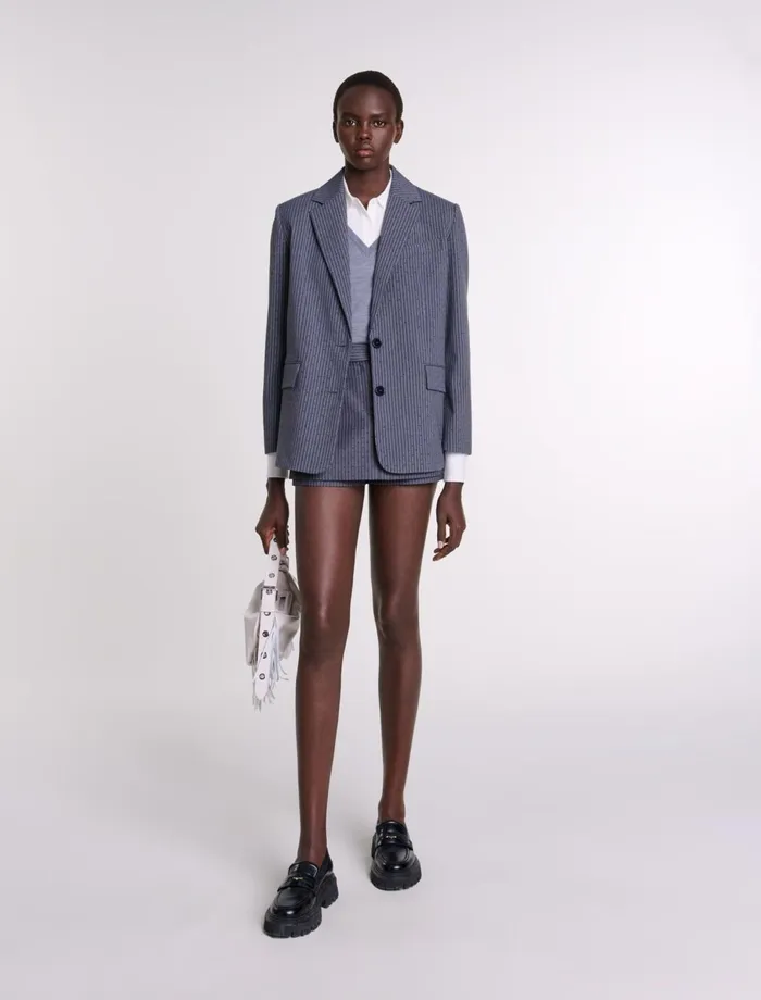 Blazers and Jackets Women Maje Rhinestone Suit Jacket Gray Striped Tennis Rhinestone