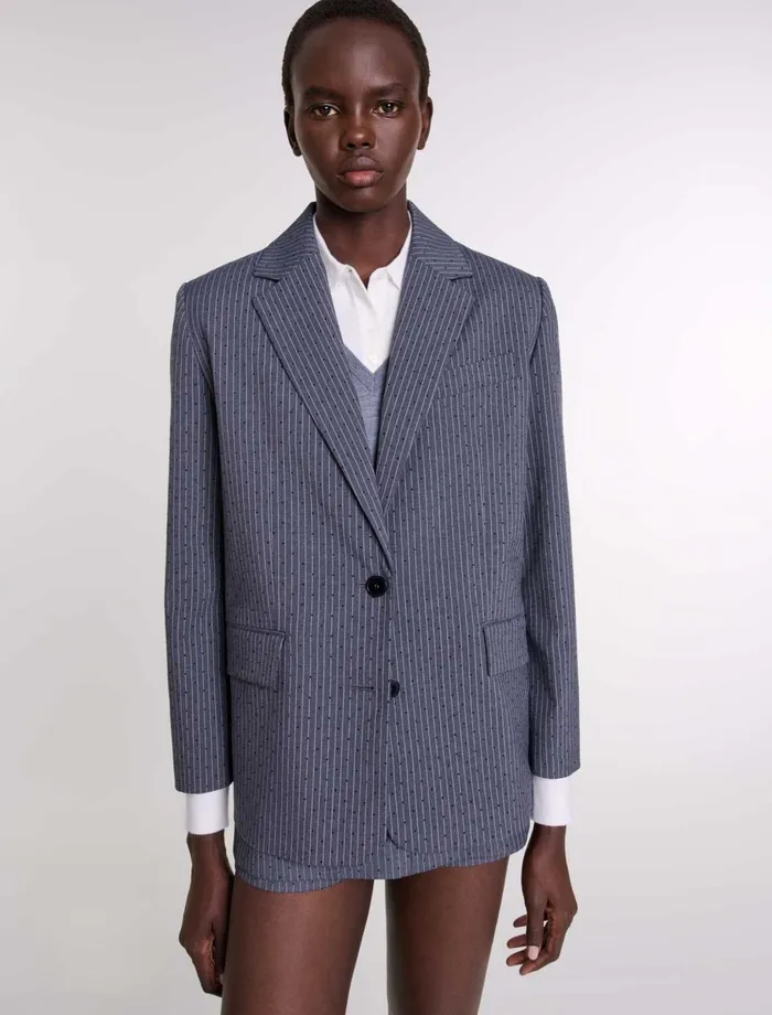 Blazers and Jackets Women Maje Rhinestone Suit Jacket Gray Striped Tennis Rhinestone