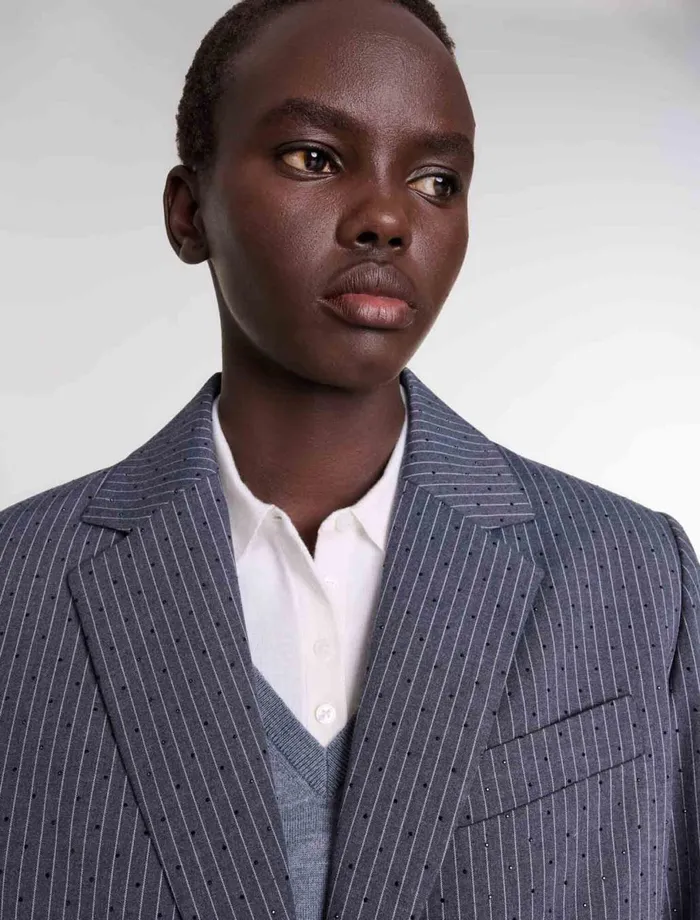 Blazers and Jackets Women Maje Rhinestone Suit Jacket Gray Striped Tennis Rhinestone