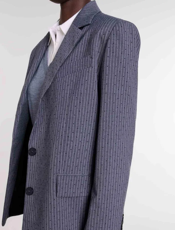 Blazers and Jackets Women Maje Rhinestone Suit Jacket Gray Striped Tennis Rhinestone
