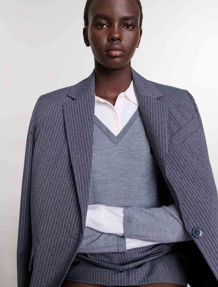 Blazers and Jackets Women Maje Rhinestone Suit Jacket Gray Striped Tennis Rhinestone