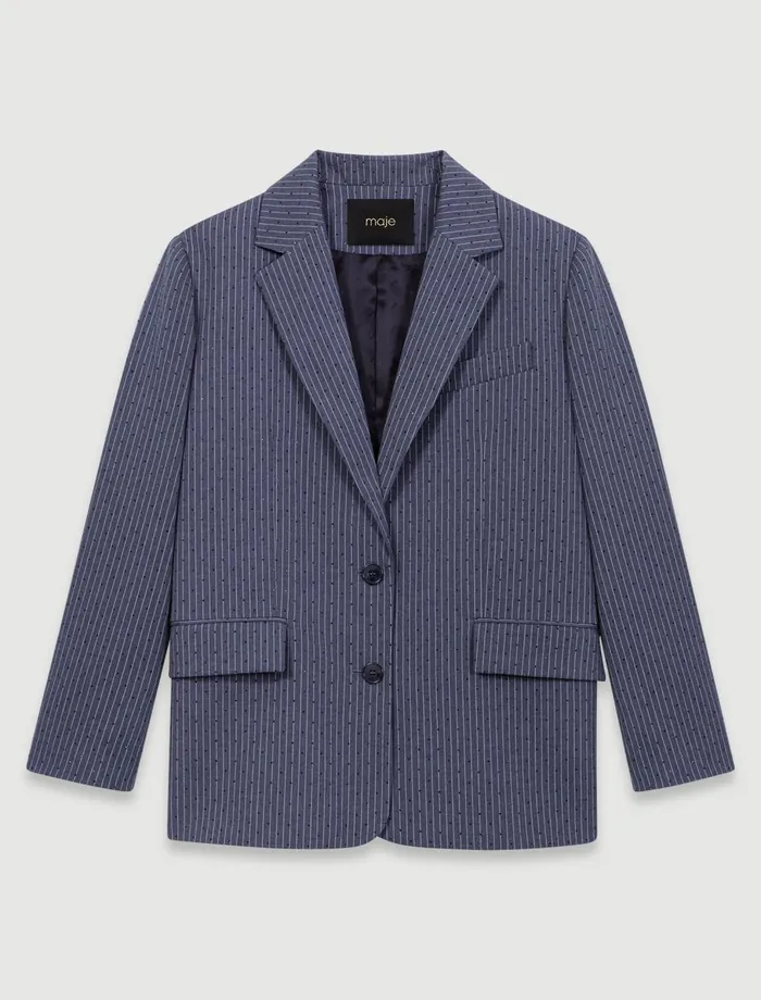 Blazers and Jackets Women Maje Rhinestone Suit Jacket Gray Striped Tennis Rhinestone