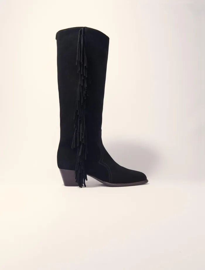 Booties and Boots Women Maje Fringed Suede Cowboy Boots Black