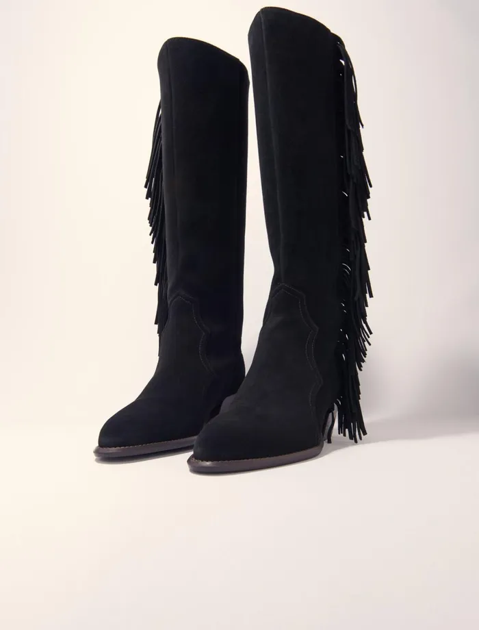 Booties and Boots Women Maje Fringed Suede Cowboy Boots Black