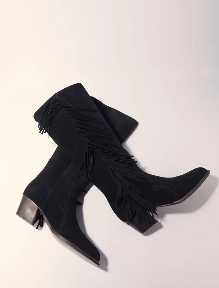 Booties and Boots Women Maje Fringed Suede Cowboy Boots Black