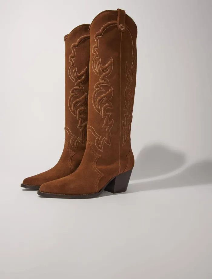 Booties and Boots Women Maje Suede Cowboy Boots Warm Brown