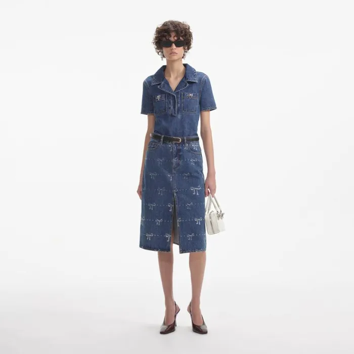 Bow Trim Denim Top Women Self Portrait Tops