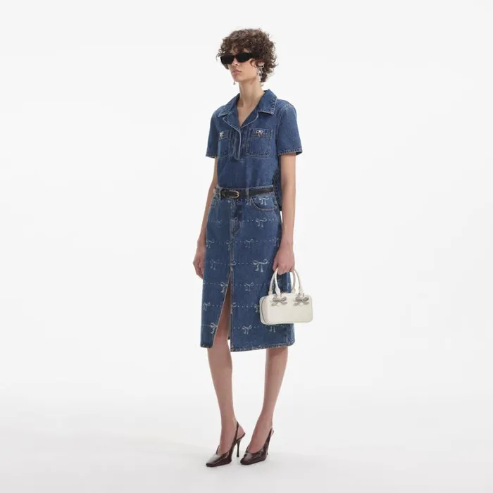 Bow Trim Denim Top Women Self Portrait Tops
