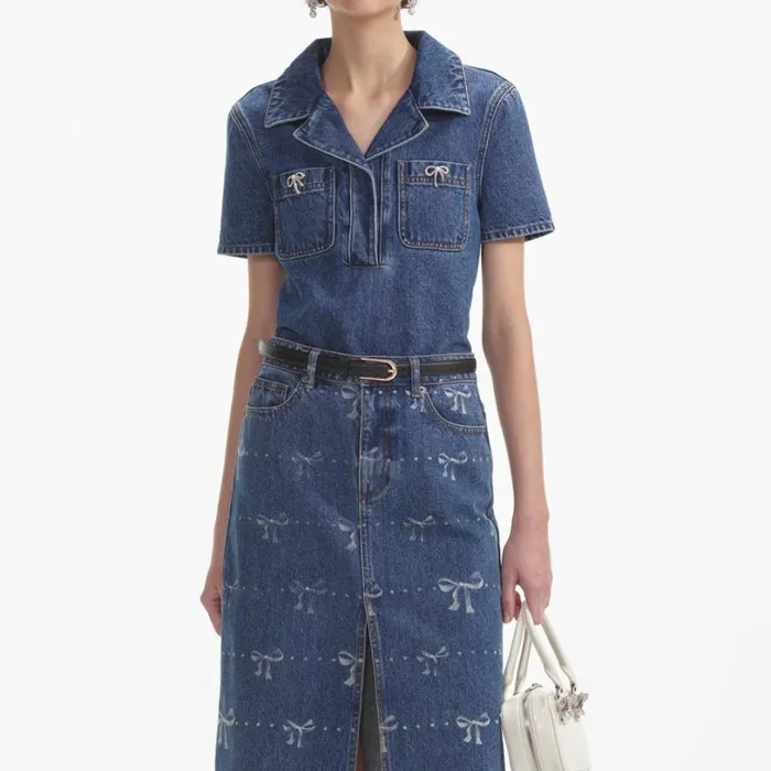 Bow Trim Denim Top Women Self Portrait Tops