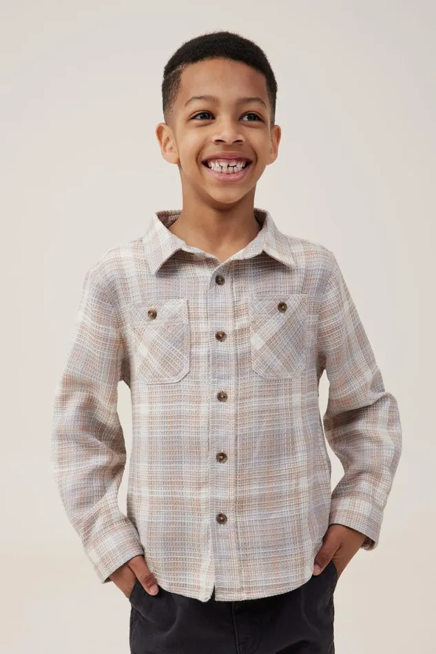 Boys 214 Shirts Cotton On Rugged Long Sleeve Shirt Rainy Daystaupy Brown Waffle Plaid