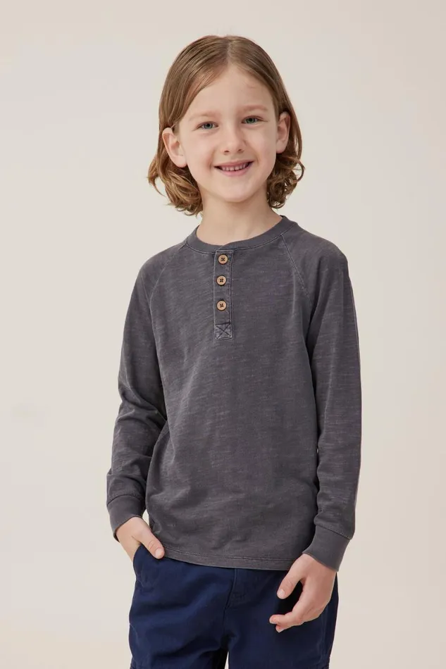 Boys 214 Tops and TShirts Cotton On Hayden Long Sleeve Henley Tee Rabbit Grey Slub