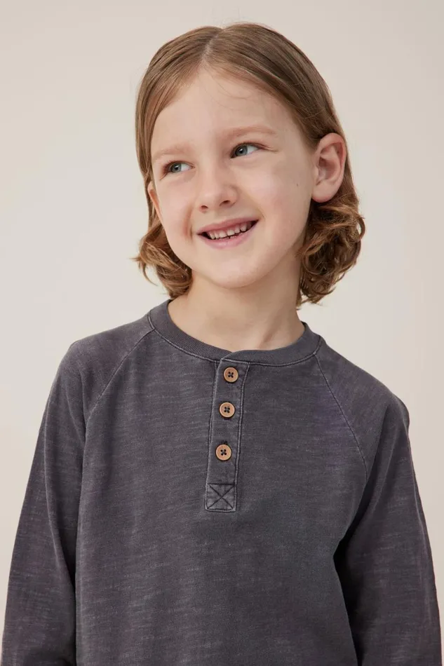 Boys 214 Tops and TShirts Cotton On Hayden Long Sleeve Henley Tee Rabbit Grey Slub