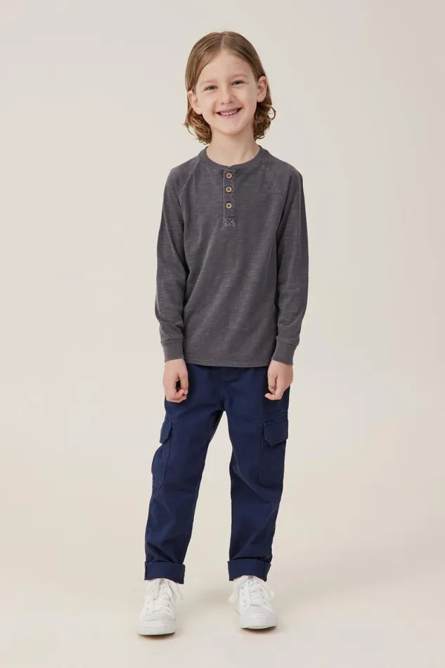 Boys 214 Tops and TShirts Cotton On Hayden Long Sleeve Henley Tee Rabbit Grey Slub