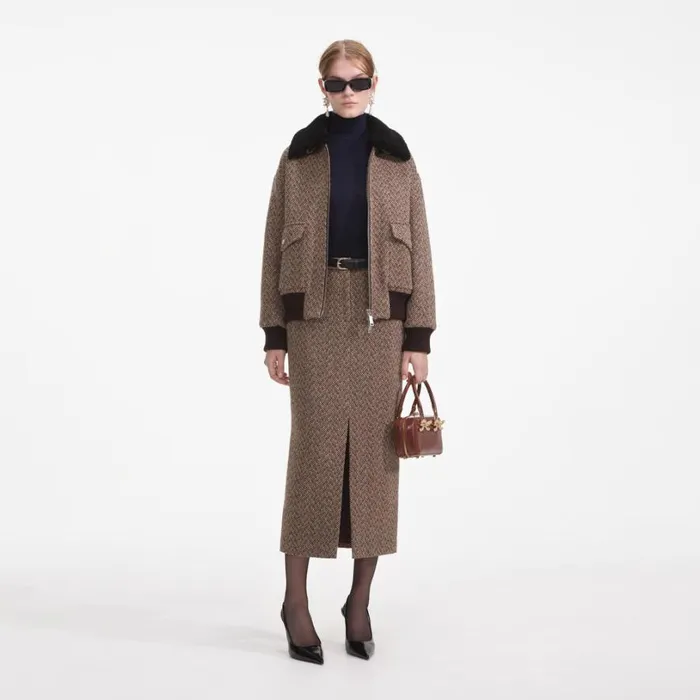 Brown Herringbone Midi Skirt Women Self Portrait Bottoms