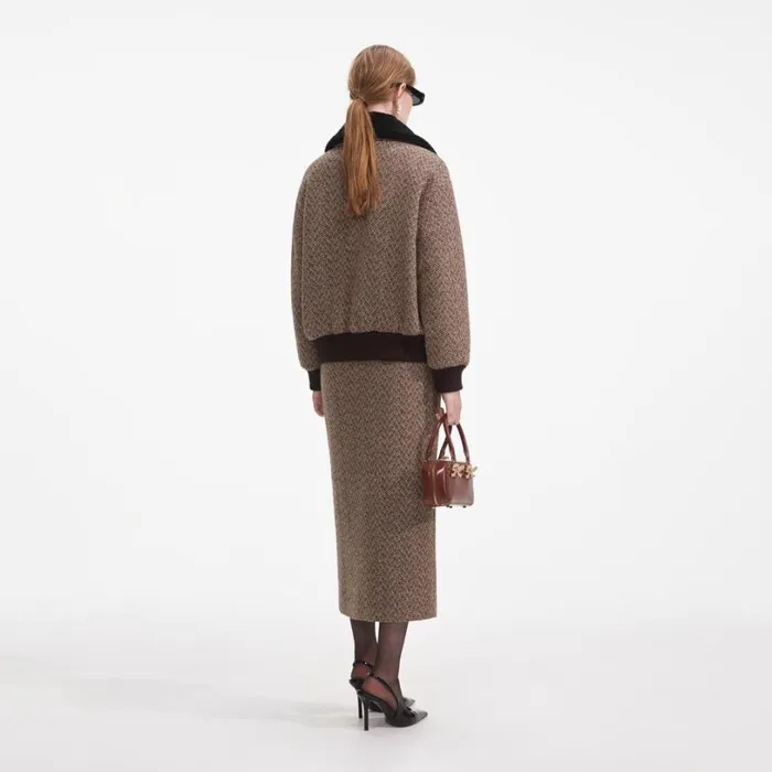 Brown Herringbone Midi Skirt Women Self Portrait Bottoms Brown Herringbone Midi Skirt Women Self Portrait Bottoms