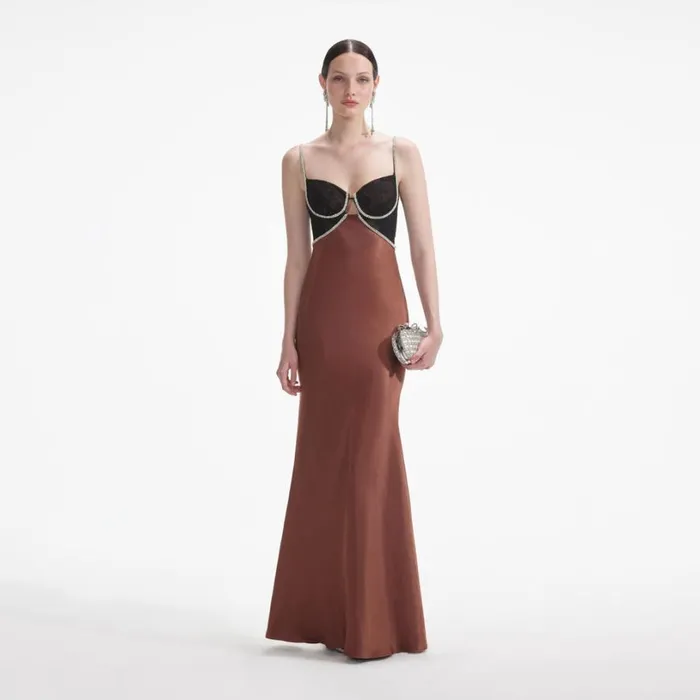 Brown Satin Diamante Maxi Dress Women Self Portrait Dresses