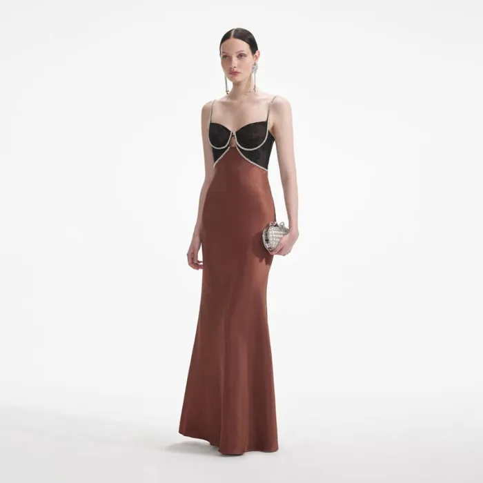 Brown Satin Diamante Maxi Dress Women Self Portrait Dresses Brown Satin Diamante Maxi Dress Women Self Portrait Dresses