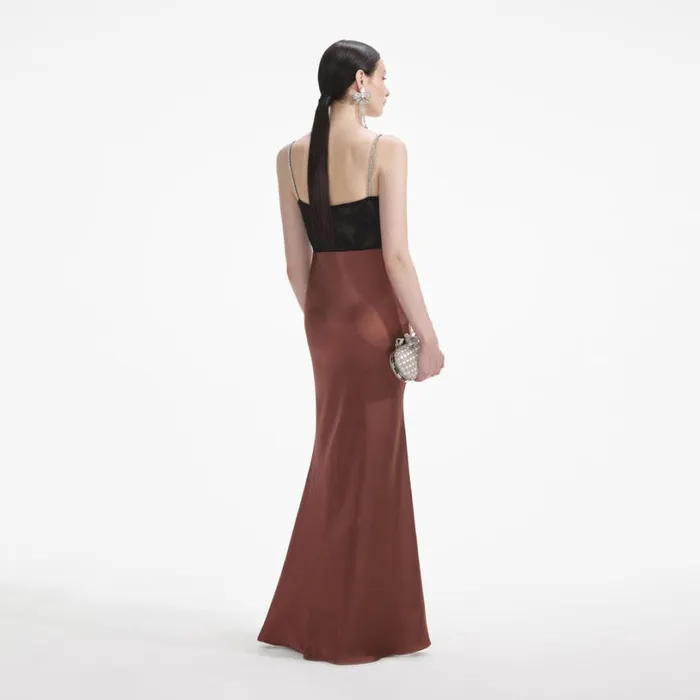 Brown Satin Diamante Maxi Dress Women Self Portrait Dresses Brown Satin Diamante Maxi Dress Women Self Portrait Dresses
