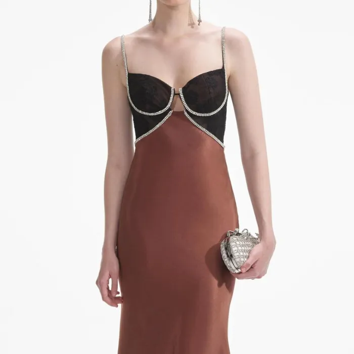 Brown Satin Diamante Maxi Dress Women Self Portrait Dresses Brown Satin Diamante Maxi Dress Women Self Portrait Dresses