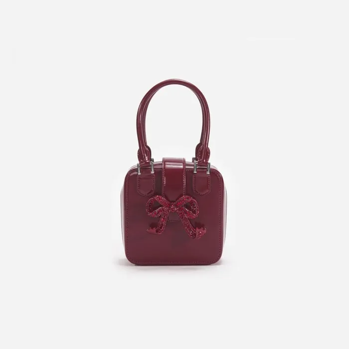 Burgundy Leather Square Mini Tote Bag Women Self Portrait Mini