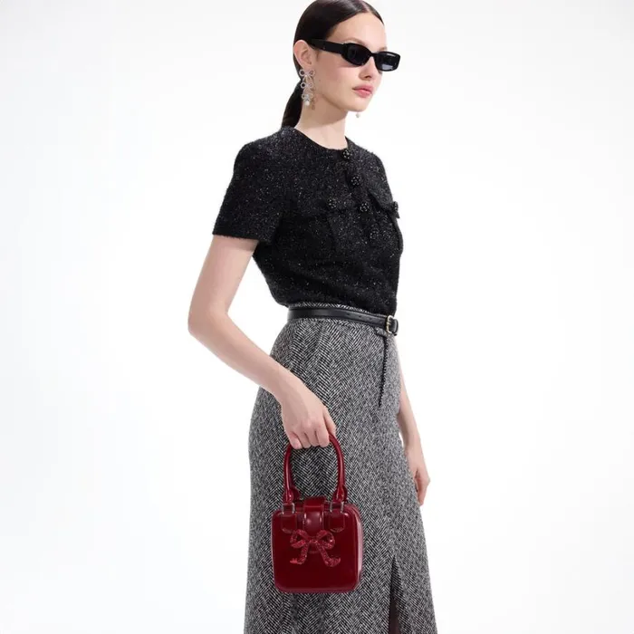 Burgundy Leather Square Mini Tote Bag Women Self Portrait Mini
