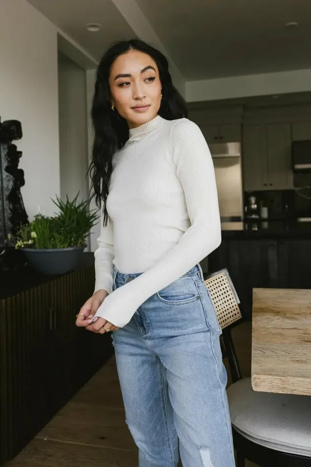 Caroline Mock Neck Sweater In Cream Cream Women Bohme Tees and Tanks
