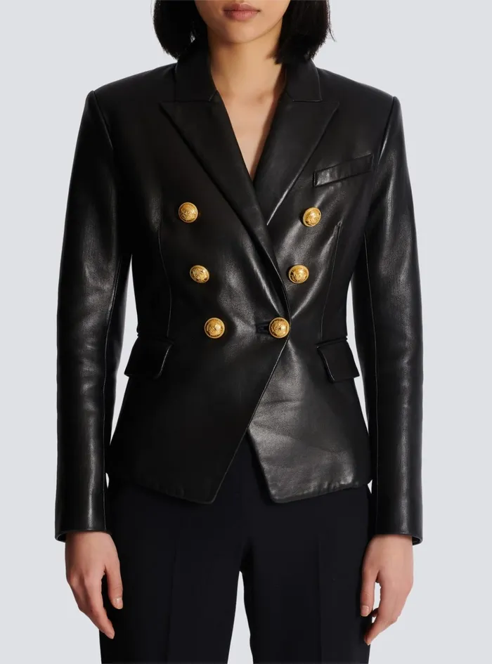Classic 6button Leather Jacket Black Women Balmain Jackets And Blazers