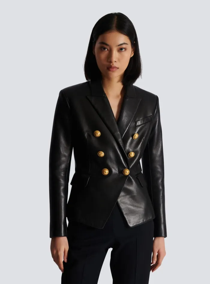 Classic 6button Leather Jacket Black Women Balmain Jackets And Blazers