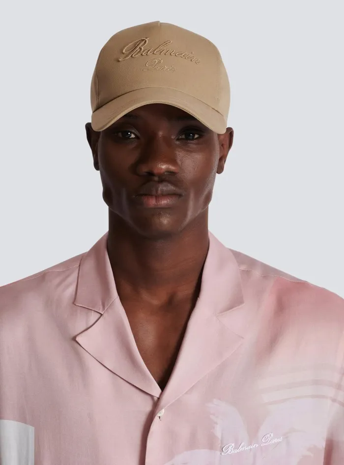 Cotton Cap With Signature Embroidery Beige Men Balmain Hats And Caps