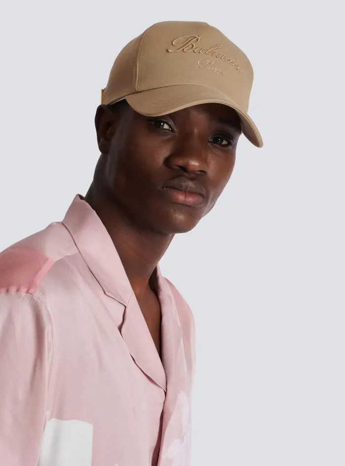 Cotton Cap With Signature Embroidery Beige Men Balmain Hats And Caps
