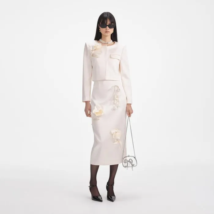 Cream 3D Flower Satin Midi Skirt Women Self Portrait Bottoms