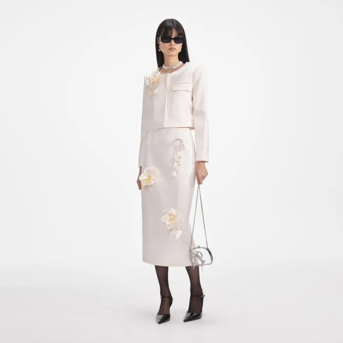 Cream 3D Flower Satin Midi Skirt Women Self Portrait Bottoms Cream 3D Flower Satin Midi Skirt Women Self Portrait Bottoms