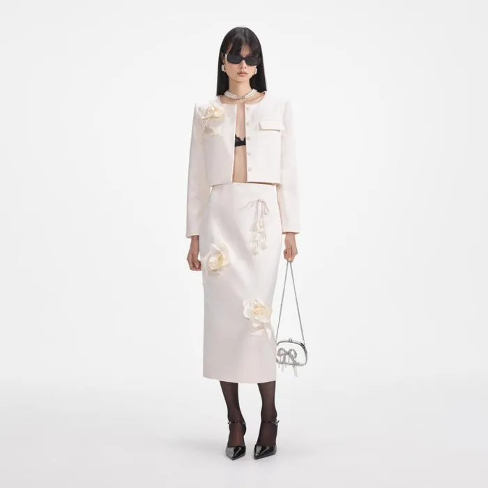 Cream 3D Flower Satin Midi Skirt Women Self Portrait Bottoms Cream 3D Flower Satin Midi Skirt Women Self Portrait Bottoms
