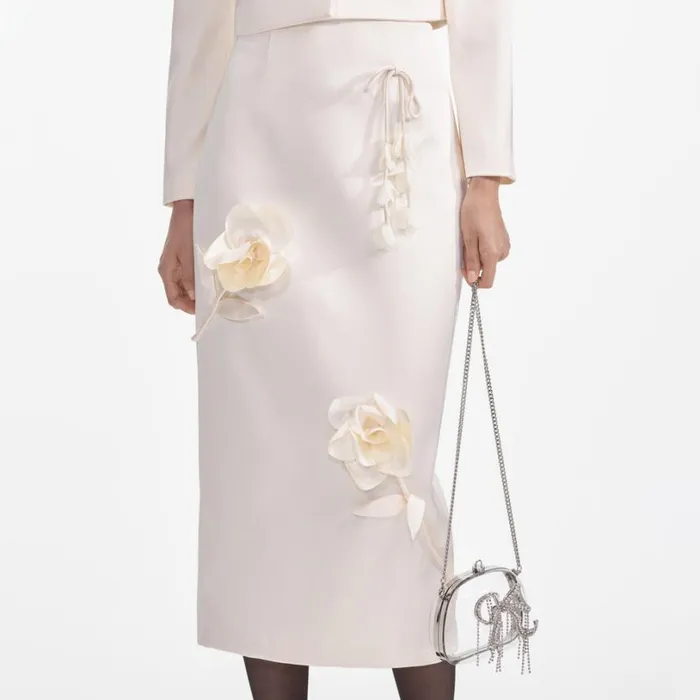 Cream 3D Flower Satin Midi Skirt Women Self Portrait Bottoms Cream 3D Flower Satin Midi Skirt Women Self Portrait Bottoms