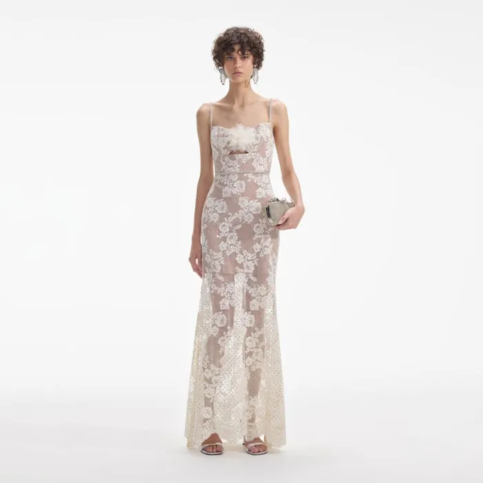 Cream Rhinestone Lace Maxi Dress Women Self Portrait Dresses